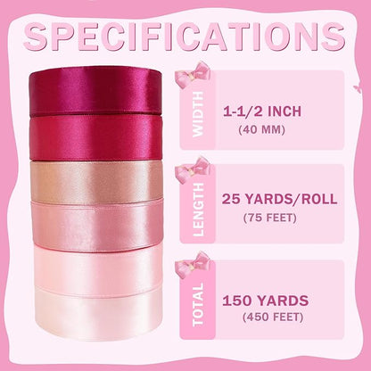 150 Yards Pink Satin Ribbon 1-1/2 Inch 6 Rolls Assortment Ribbons for Crafts Gift Wrapping Flower Bouquet Wedding Invitations Birthday Party Festival Decoration Hair Bows