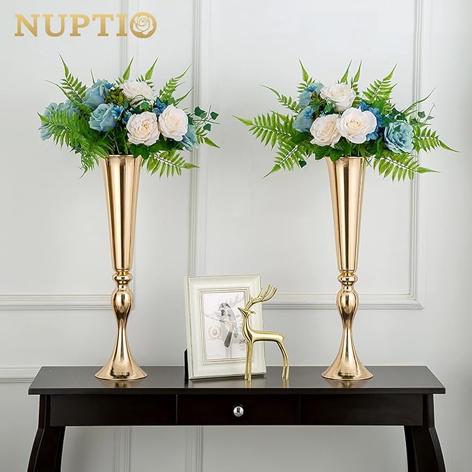 NUPTIO Gold Tall Centerpiece Table: 21.9" Trumpet Vases for Wedding Metal Flower Stand for Party Decorations Set of 2