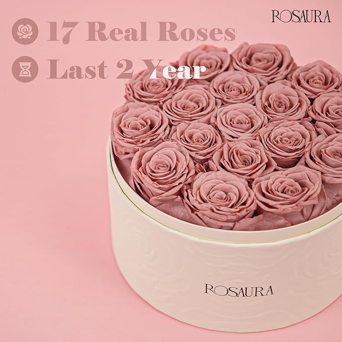 Rosaura Round Preserved Roses Gift Box - Real Forever Flowers for Birthday, Valentine's & Mother's Day (Cappuccino, 17 Roses)
