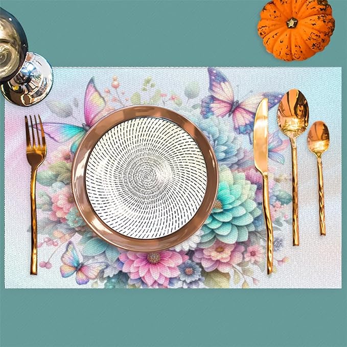 PVC Placemats Set of 6 Spring Flower Floral Wipeable Table Mats Washable Heat Resistant Non Slip Vinyl Dining Table Mat for Kithen Indoor Outdoor Patio Farmhouse Place Mats Decorative
