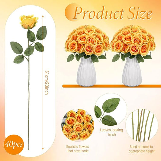 Hotop 40 Pcs Rose Artificial Flowers Bulk with Long Stem,Realistic Silk Fake Roses Bouquet for Home Wedding Centerpieces Party Table Decoration Valentines Gifts(Orange)