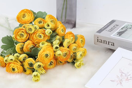 5PCS Ranunculus Artificial Flowers 60Heads Yellow Faux Peonies with Stem Real Touch 21.65" Silk Ranunculus Fake Flowers for DIY Craft Wedding Floral Arrangements Home Table Decor(Yellow)