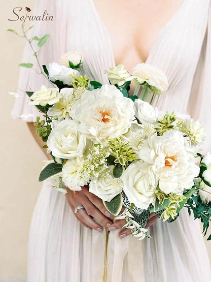Serwalin Artificial Flowers Bridal Bouquets Realistic Fake Silk Foam Flowers Wedding White Peonies Roses DIY Centerpieces Corsage Boutonniere Home Decoration Party Arrangement Baby Shower