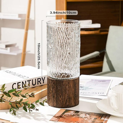 10 Inch Large Artistic Wood Base Glass Cylinder Flower Vase, Ins Modern Boho Water Wave Style for Home Kitchen Fireplace Office Desks, Houses, Garden Decorations