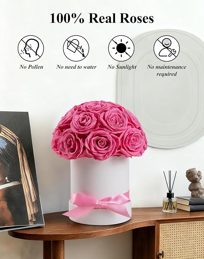 Preserved Roses Dome in a Box, Forever Real Roses Decor, Eternal Flowers for Delivery Prime, Best Gifts Birthday, Wedding, Anniversary, Mother's Day, Christmas for Her, 18-Pieces (Pink)
