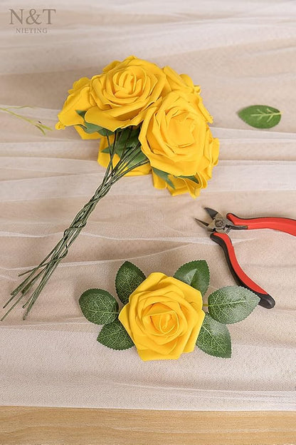N&T NIETING Artificial Flowers, 25Pcs Fake Flowers Fall Roses Perfect for DIY Wedding Bouquets Centerpieces Bridal Shower Party Home Flower Arrangement Decorations, Gold