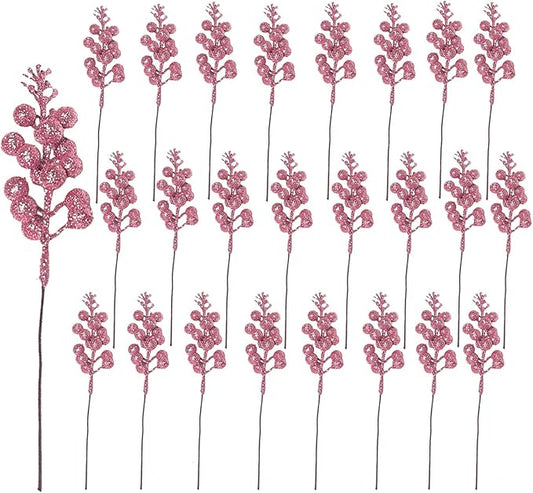24 Pack Christmas Glitter Berries Stems Clearance, 8.66 Inch Artificial Berries Christmas Picks for Christma Tree Ornaments, DIY Xmas Wreath, Crafts, Holiday and Home Decor, Pink