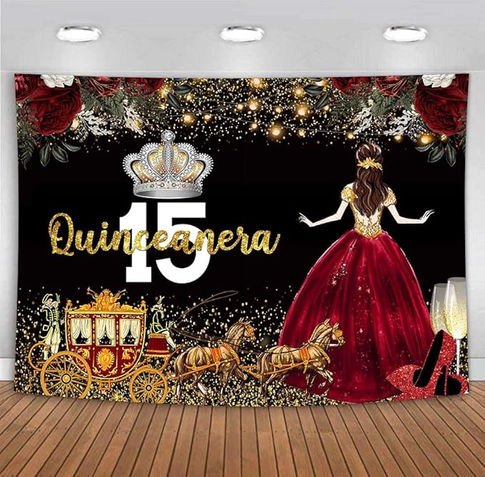 Red Dress Rose Flower Backdrops Quinceanera Birthday Backdrop for Girl Princess Happy 15th Bday Carriage Photography Props Cake Table Banner 5x3ft MBJLSLU33