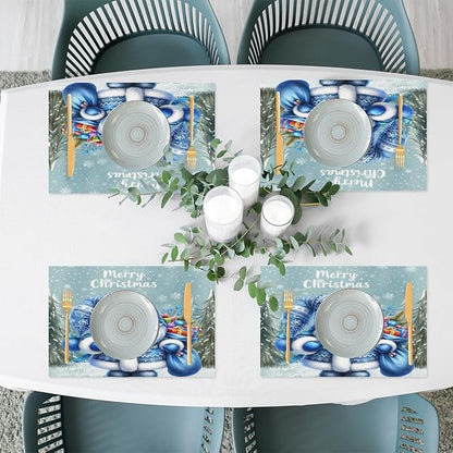 Xmas Christmas Gnomes Bule Snowflake Placemats Set of 6 PVC Vinyl Non Slip Table Mats Heat Resistant Place Mats Washable Wipeable Dining Table Mat for Kitchen Party Indoor Outdoor Decorative Gift