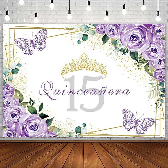 SENDY 8x6ft Quinceañera Backdrop Mis Quince 15 Anos Birthday Party Decoration Supplies for Girl Princess Purple Floral Butterfly Gold Crown Photography Background Banner Photo Booth Studio Props Vinyl
