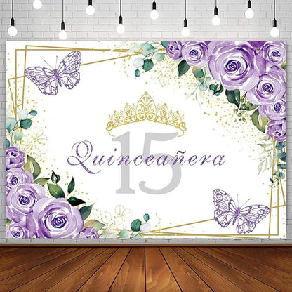 SENDY 8x6ft Quinceañera Backdrop Mis Quince 15 Anos Birthday Party Decoration Supplies for Girl Princess Purple Floral Butterfly Gold Crown Photography Background Banner Photo Booth Studio Props Vinyl