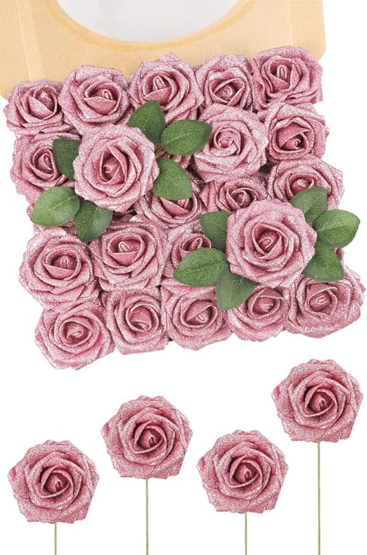 N&T NIETING Artificial Flowers Glowing Dark Pink Flowers Foam 25pcs Glitter Roses Real Looking Fake Roses with Stem for DIY Wedding Bouquets Centerpieces Bridal Shower Party Home Decorations