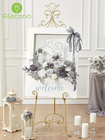 Alecono Artificial Flowers, Silver Silk Fake Flowers for DIY Wedding Cake, Grey Faux Flowers for Table Centerpieces Baby Shower Birthday Party Home Decorations