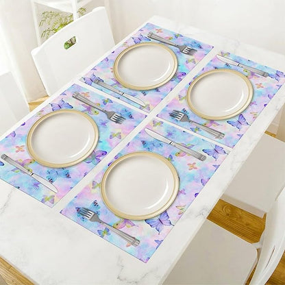Watercolors Butterfly Placemats Set of 6,Spring Summer Flower Place Mats Washable for Kitchen Dining Table Heat Resistant Decorative Colth Table Mats 6 PCS, Style