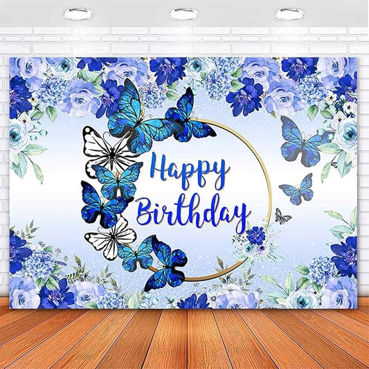 Butterfly Happy Birthday Backdrop Royal Blue Floral Photography Background Women Blue Flowers Birthday Wishes Party Decorations Banner Supplies Photo Booth 7x5ft