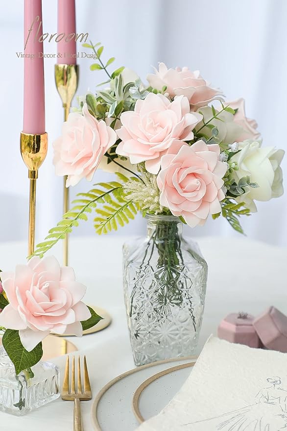 Floroom Artificial Gardenia Flowers 2.7" 25pcs Real Looking Blush Foam Fake Flowers with Stems for DIY Wedding Bouquets Pink Bridal Shower Centerpieces Floral Arrangements Party Tables Decorations