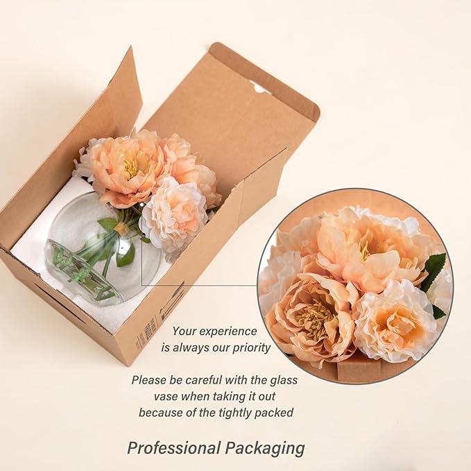 Artificial Flowers in Vase, Silk Peonies Flower Bouquet for Vase with Faux Water, Fake Flower Arrangement for Winter Wedding Party Dinning Coffee Table Centerpieces & Mom's Gift (Apricot & Nude)