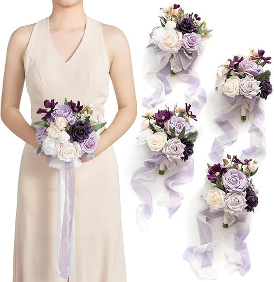 Ling's Moment Artificial Flowers Purple Bridesmaid Bouquet Set of 4, Lilac and Gold Wedding Flowers Bouquets for Bridesmaids, 7 Inch Bridal Bouquets for Bridesmaids, Wedding, Ceremony, Anniversary, et
