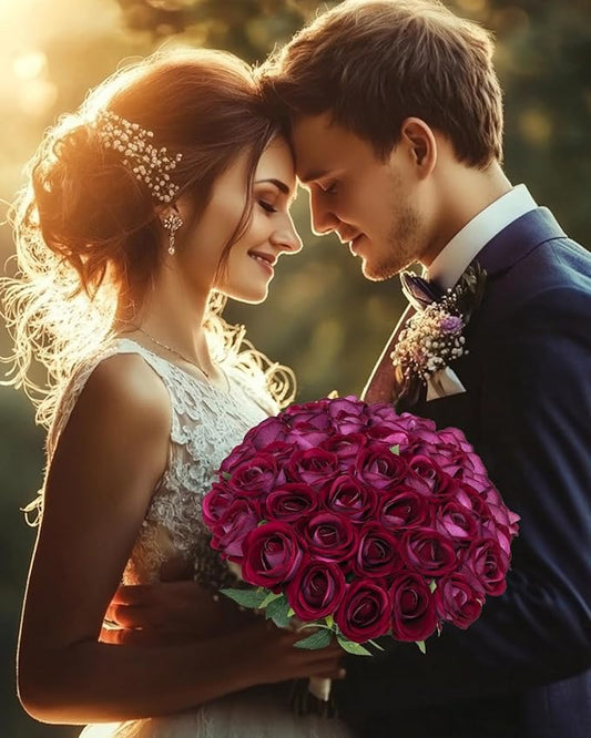 LFF 50Pcs Fake Purple Red Roses Artificial Flowers with Long Stems, Realistic Silk Faux Roses in Bulk, Wedding Bouquet, DIY Floral Arrangement for Home/Wedding/Proposal Ceremony Decoration(Purple Red)