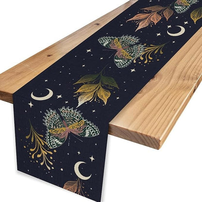 Gothic Moth Table Runner, Boho Gothic Floral Butterfly Sun Moon Mystical Witchy Starlight Coffee Table Center Decor for Home Kitchen Dining Patio Holiday Party Table Decorations 13x90 inches
