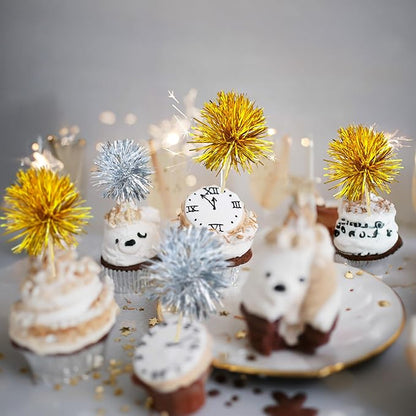 Gyufise 30Pcs Foil Firework Cupcake Toppers Sparkle Tinsel Cake Toppers Tinsel Drink Cake Decoration Cocktail Picks for Birthday Wedding Graduation Party Supplies Gold Silver