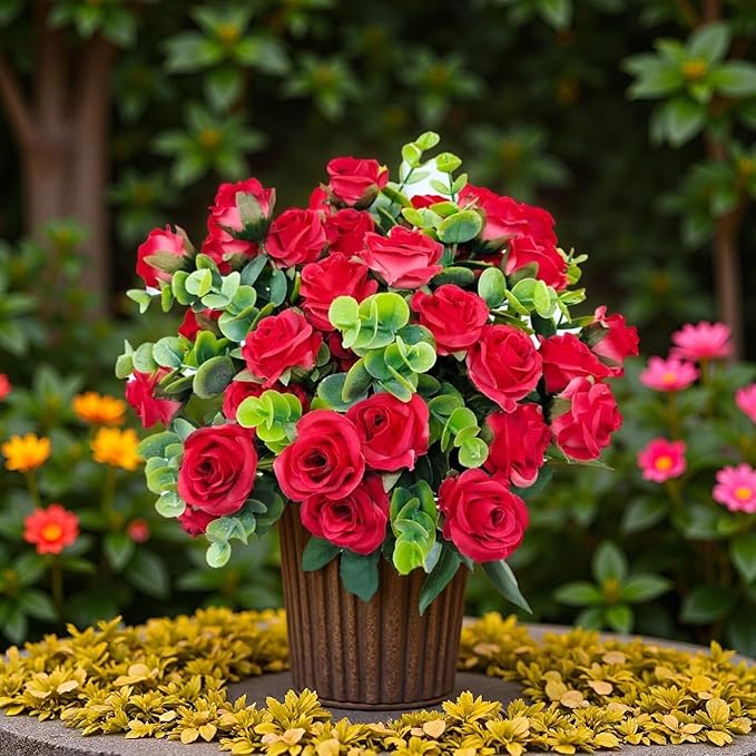40 Heads Artificial Roses Flowers for Outdoors,4 Bunches Fake Silk Red Rose Plastic Flower UV-Resistant Faux Floral Bouquet Arrangements for Outdoor Vase Planters Garden Outside Decoration