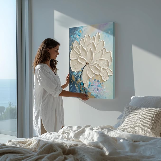 JUHOME Hand-Painted White Floral Canvas Wall Art, 24x36 In Textured Abstract Oil Painting, Vertical Modern Artwork for Living Room, Bedroom, Corridor, Office Decoration
