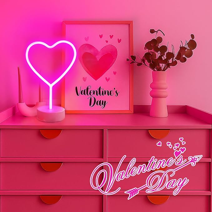 BHCLIGHT Pink Heart Neon Sign, 2 Pack Mother's Day LED Neon Light Battery Operated or USB Powered Valentines Lights, Table Decorations Lights for Room Dorm Wedding Anniversary Bedroom Classroom Decor
