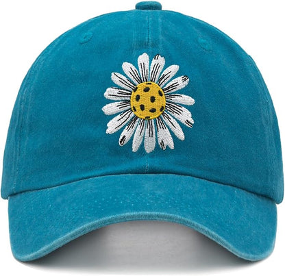Waldeal Pickleball Hat for Women, Ajustable Embroidered Daisy Washed Denim Baseball Cap