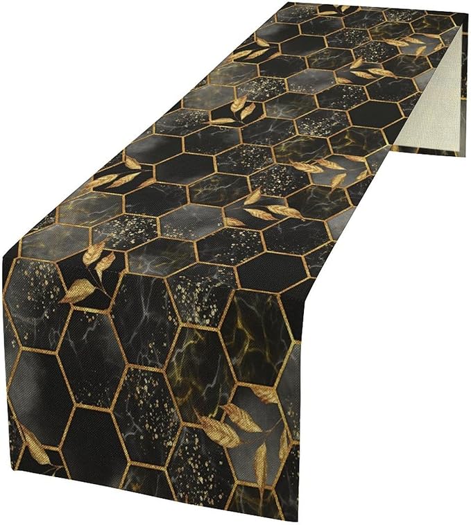 Black Grey Marble Table Runner Marble Hexagon Texture Golden Leaves Abstract Seasonal Dinner Runner Table Decoration for Farmhouse Home Kitchen Dining Holiday Party 13x120in