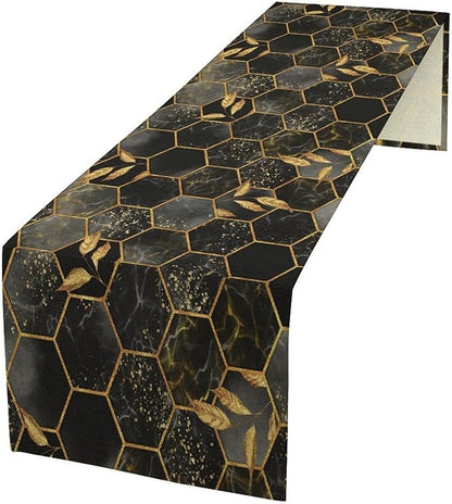 Black Grey Marble Table Runner Marble Hexagon Texture Golden Leaves Abstract Seasonal Dinner Runner Table Decoration for Farmhouse Home Kitchen Dining Holiday Party 13x120in