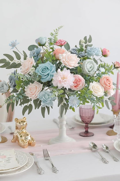Artificial Flowers Roses Fake Flowers with Stems Blue Pink Artificial Flowers for DIY Bridal Bouquets Faux Flowers Centerpieces for Table Home Decor