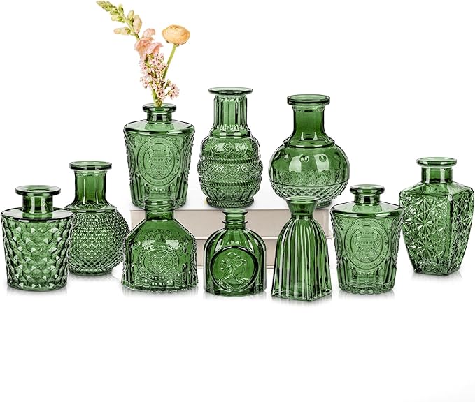 Glass Bud Vases Set of 10, Small Flower Vase in Bulk for Centerpieces, Mini Vintage Peacock Green Vases for Rustic Wedding Vintage Home Table Decor