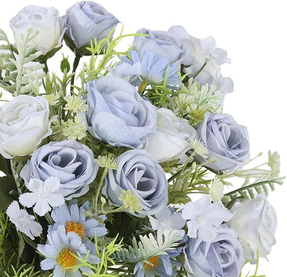 3 Pack Artificial Flowers Bouquet Fake Flowers Plants Blue Faux Flower Arrangements for Wedding Home Centerpieces Decor