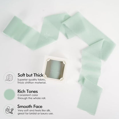 MEEDEE Mint Green Chiffon Ribbon 3 Inch Green Frayed Chiffon Silk Fringe Ribbon Wide Chiffon for Crafts, Flower Bouquet, Wedding Favors Wrapping (2 Rolls 10 Yards)