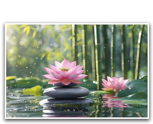 Ethereal pink lotus on obsidian Sunlit bamboo forest with sparkling water drops Poetic nature inspired wall art for tranquil homes and mindful spaces 8x12in Frameless