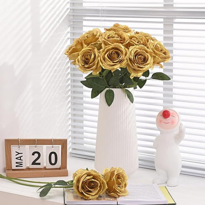Waipfaru 16 Pcs Fake Gold Roses Artificial Flowers with Long Stems, Rose Bouquet Silk Faux Flowers for Valentines Wedding Party Vase Centerpiece Home Decor (Gold)