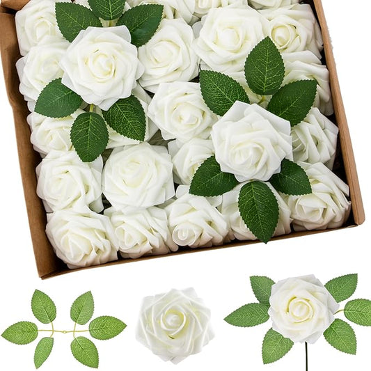 Cliselda 100Pcs Artificial Flowers Ivory White Fake Roses with Stems, Valentine's Day Gifts, Real Touch Foam Rose Bulk Faux Flowers for Decoration Centerpieces Flower Arrangements