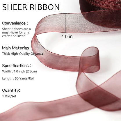 Brown Ribbon for Gift Wrapping, 1 inch 50Yard Sheer Organza Tulle Ribbon, Chocolate Gifts Wrap Chiffon Ribbons for Flower Bouquet, Christmas, Crafts, Wedding, Valentines Day, Mothers Day