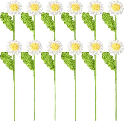 12Pcs Crochet Flowers, Artificial Daisy Crochet Flower Bouquet, Realistic Flower for Mother's Day Valentines Day Birthday Wedding Home Decor, White