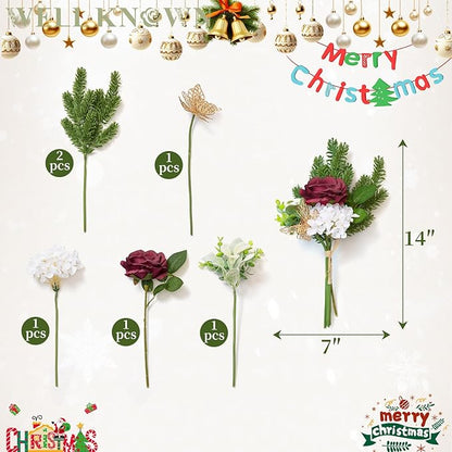 11 Pcs Artificial Christmas Flowers Bouquet Pine Branches 14" Red Poinsettias FLowers Faux Greenery Spary Stems Red Berry Pine Cones Fake Cedar Picks for DIY Crafts Tabletop Winter Home Party Decor