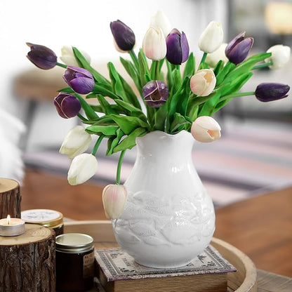 FiveSeasonStuff Real Touch Tulips Artificial Flowers – 15 Stems Faux Tulip Bouquet in Gift Box for Wedding, Home Decor, Party, Floral Arrangements (Cheerful White)
