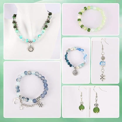 Tunmiok Glass Beads for Jewelry Making Kit with Metal Charms & Crystal String - Includes Spacers, Flower Holders - Bracelet kit, Necklace, Earring Set Supplies for Adults (Green)