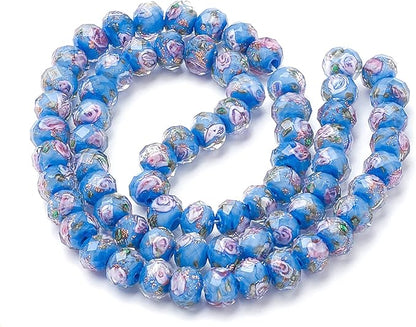 PH PandaHall 45pcs 12mm Gold Sand Lampwork Beads Glass Handmade Round Loose Beads with Hole for Rosary Making Jewelry Craft Making - Cornflower Blue