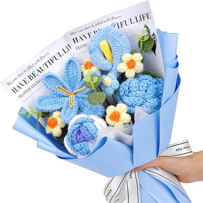 Crochet Flowers Bouquet, Handmade Crochet Flowers Knitted Bouquet, Tulips Flower Bouquet and Calla Lily for Birthday, Gifts for Women, Valentines (Blue)