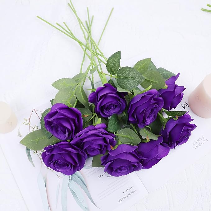 Artificial Rose Flower Artificial Flowers Flower with Long Stem Silk Roses Bouquet for Wedding Bridal Shower Party Home Decoration (Purple, 12 Pcs)