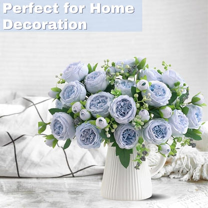 ASTRYAS Blue Artificial Flowers, 3PCS Fake Peony Flower Silk Peonies Faux Flowers Arrangements Table Centerpieces for Wedding Office Party Home Decoration Baby Shower(Light Blue)