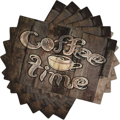 Coffee Place Mats Set of 4,Coffee Time Phrase with A Cup on A Wooden Grunge Background Kitchen Image Placemats for Dining Table 6 PCS, Cafe-1