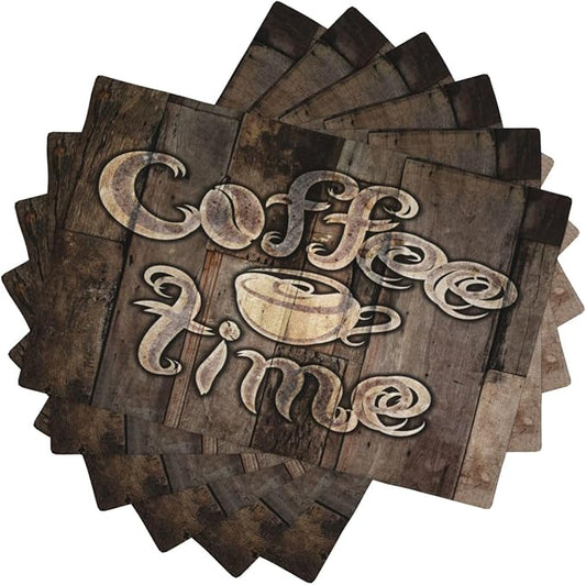 Coffee Place Mats Set of 4,Coffee Time Phrase with A Cup on A Wooden Grunge Background Kitchen Image Placemats for Dining Table 6 PCS, Cafe-1