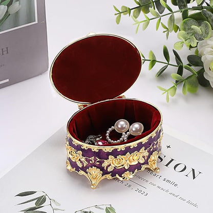 Hipiwe Vintage Oval Jewelry Storage Box Metal Trinket Organizer Purple Treasure Chest Box for Earring Necklace Ring Holder Gift for Women